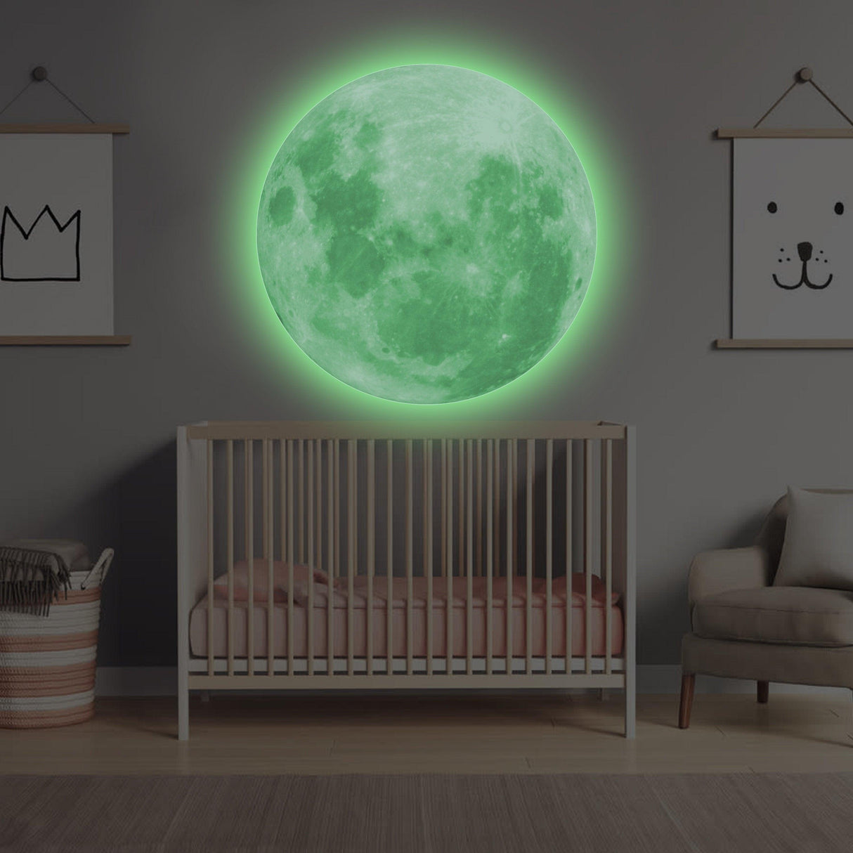 Glow in the dark moon wall sticker above a crib, adding a magical touch to a kid's bedroom decor.