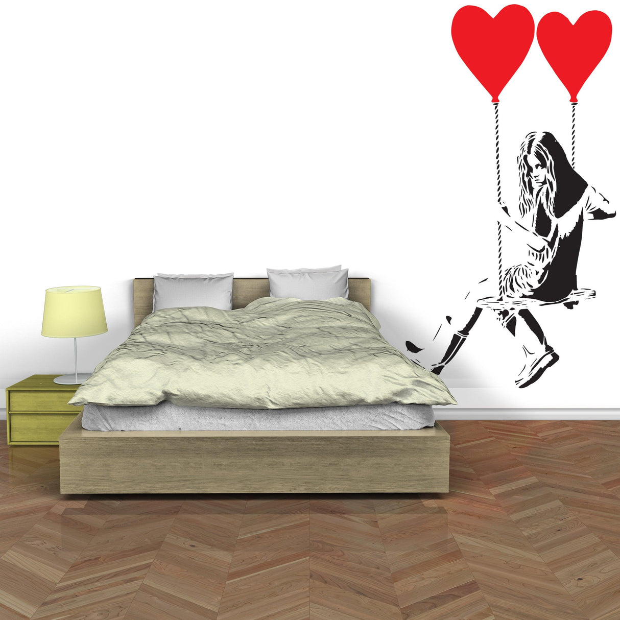 Banksy Girl With Heart Balloon wall sticker above a bed, adding artistic flair and whimsy to the room.