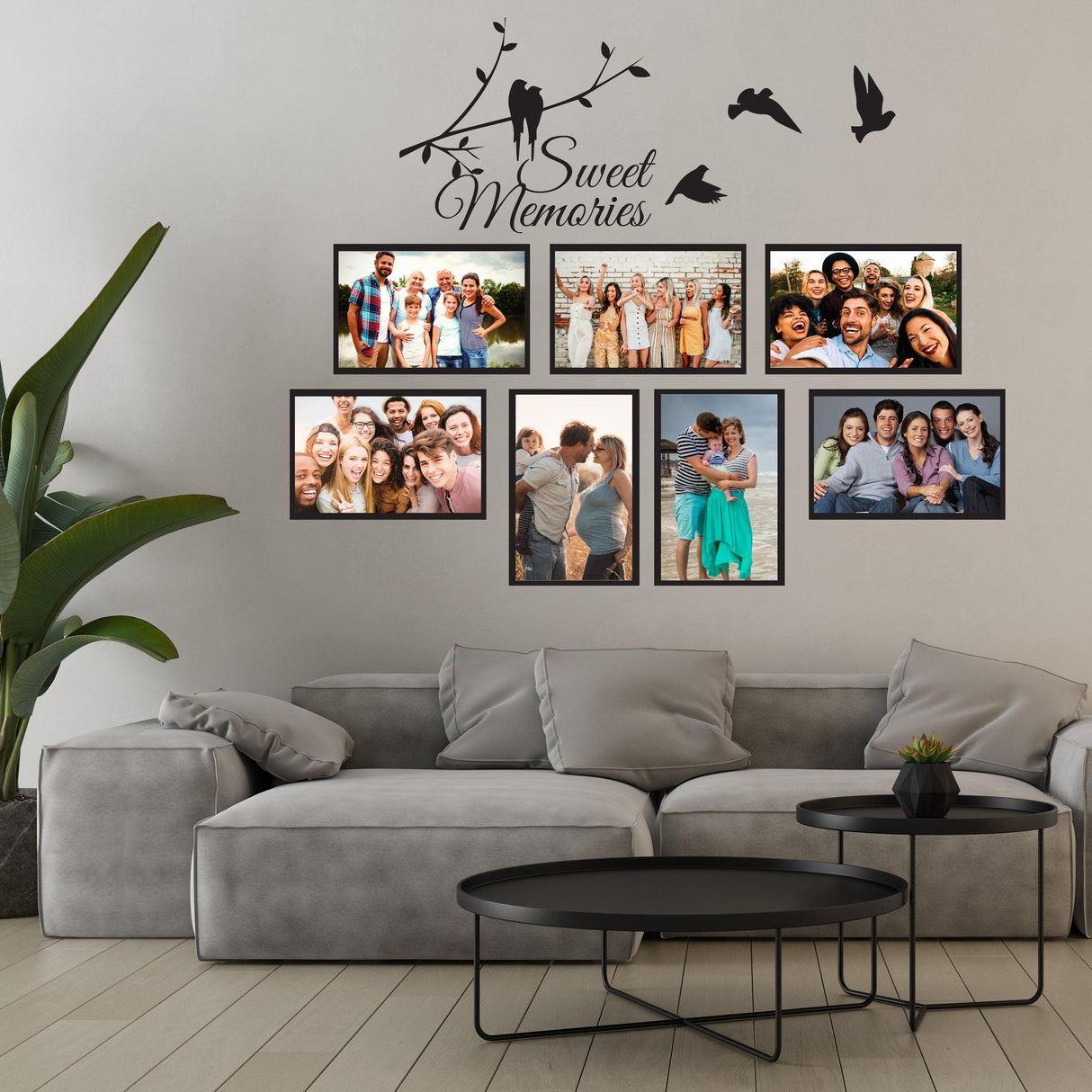 Living room with Sweet Memories wall decal, surrounded by family photo frames, creating a cozy decor atmosphere.