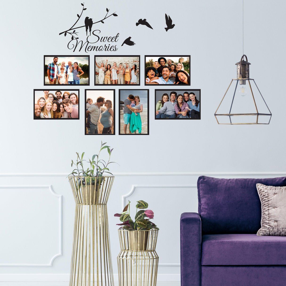 Picture frames family wall decal with the quote 'Sweet Memories' and photos, stylish room decor.