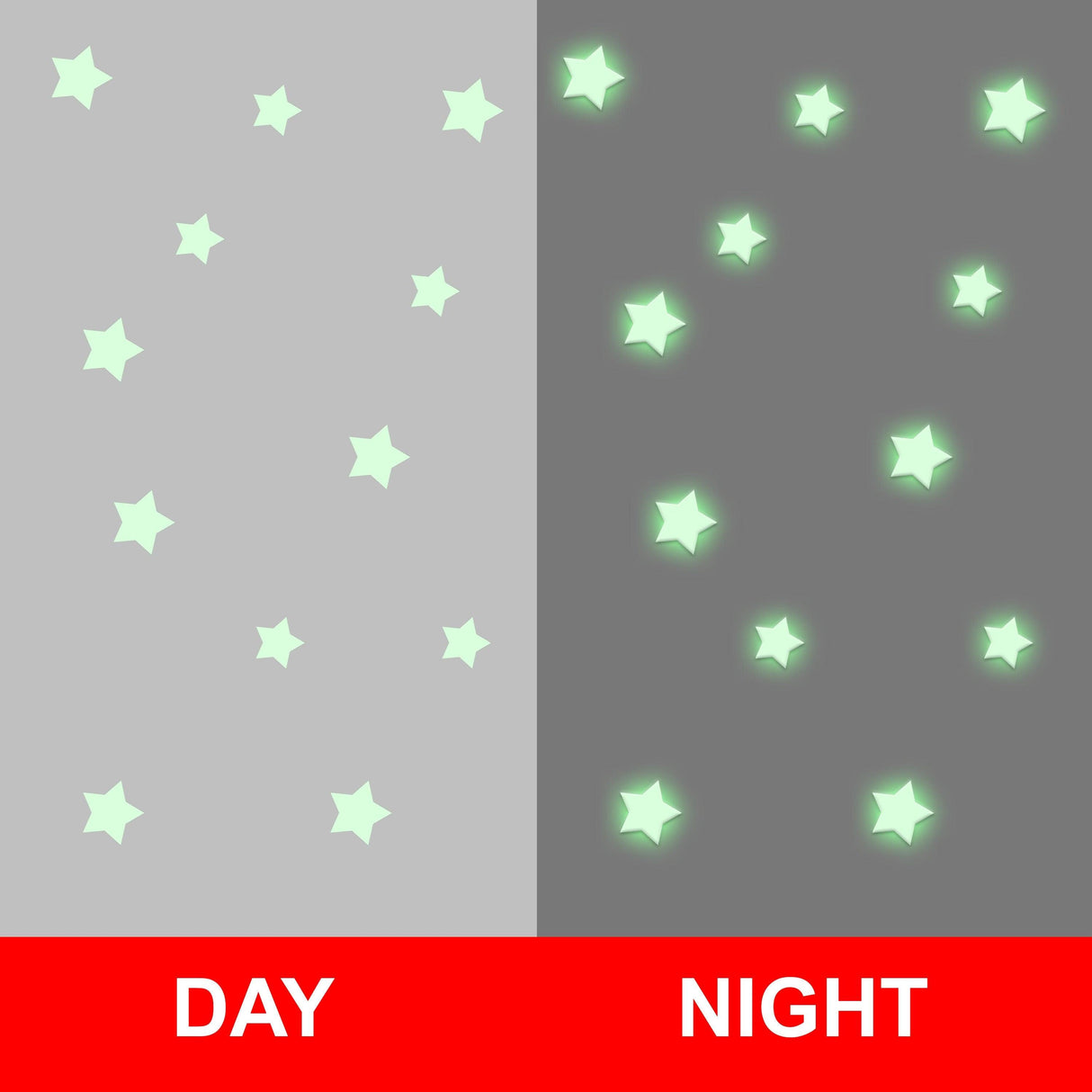 Glow in the dark star stickers shown in day and night settings, highlighting their luminescent effect.