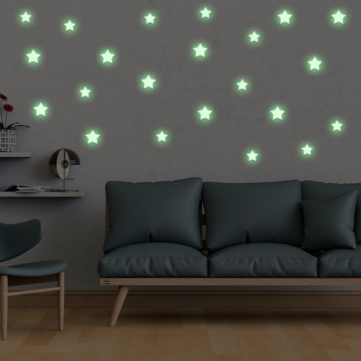 Glow in the dark star stickers on a wall, creating a magical ambiance in a child's room.