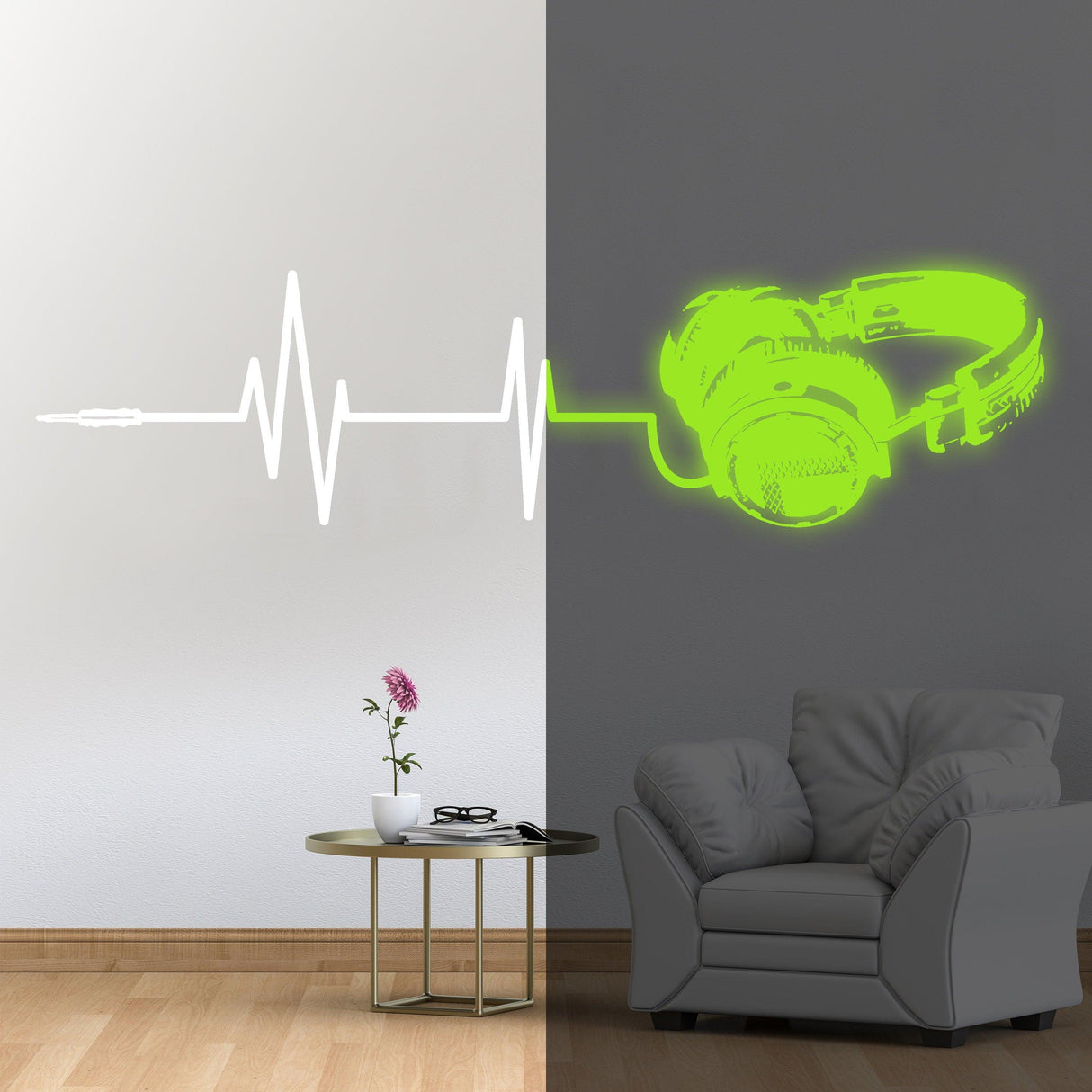 Glow in the dark headphone wall sticker with sound wave design, perfect for music lovers' room decor.