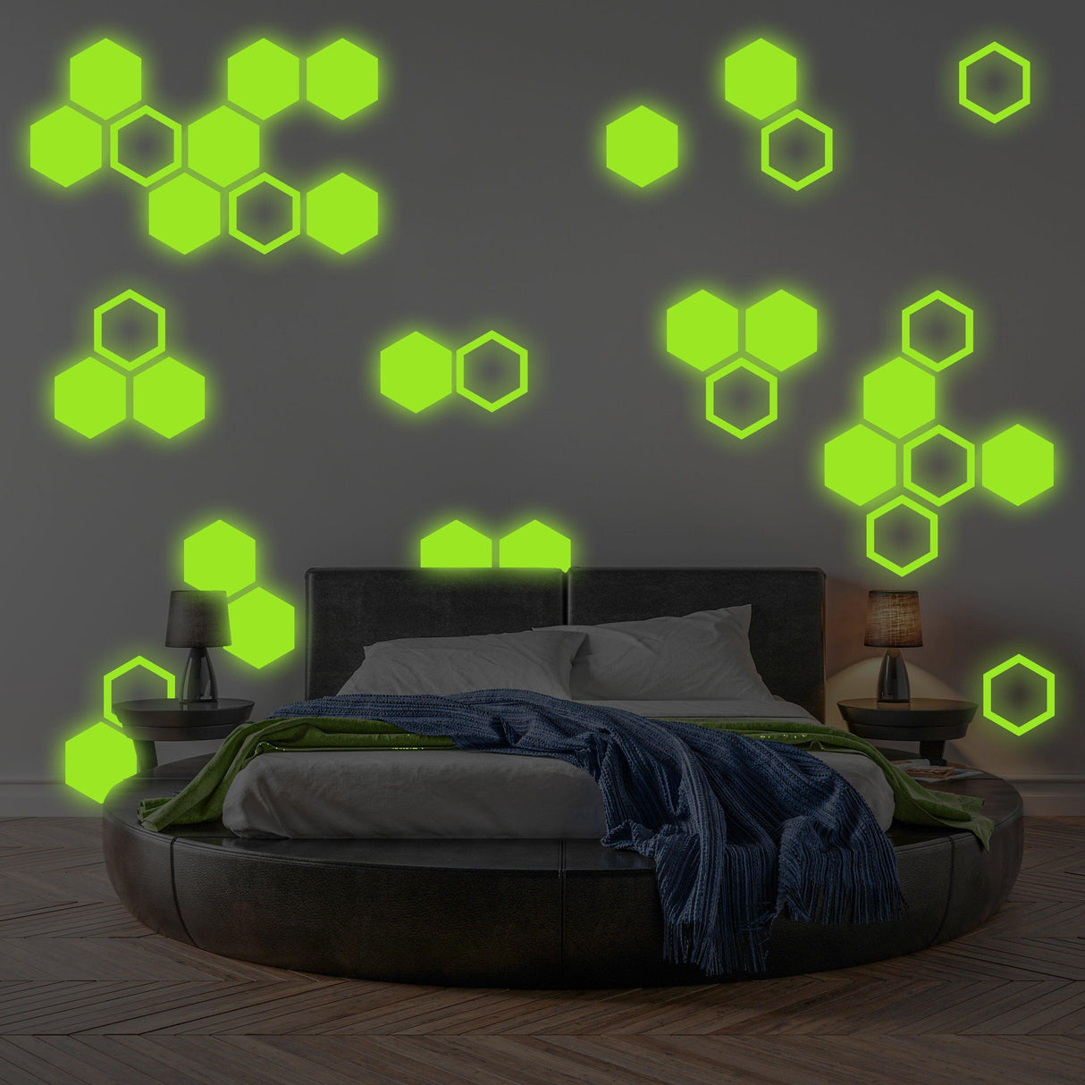 Glow in dark honeycomb wall decals in a stylish bedroom, adding unique geometric decor and night light effects.