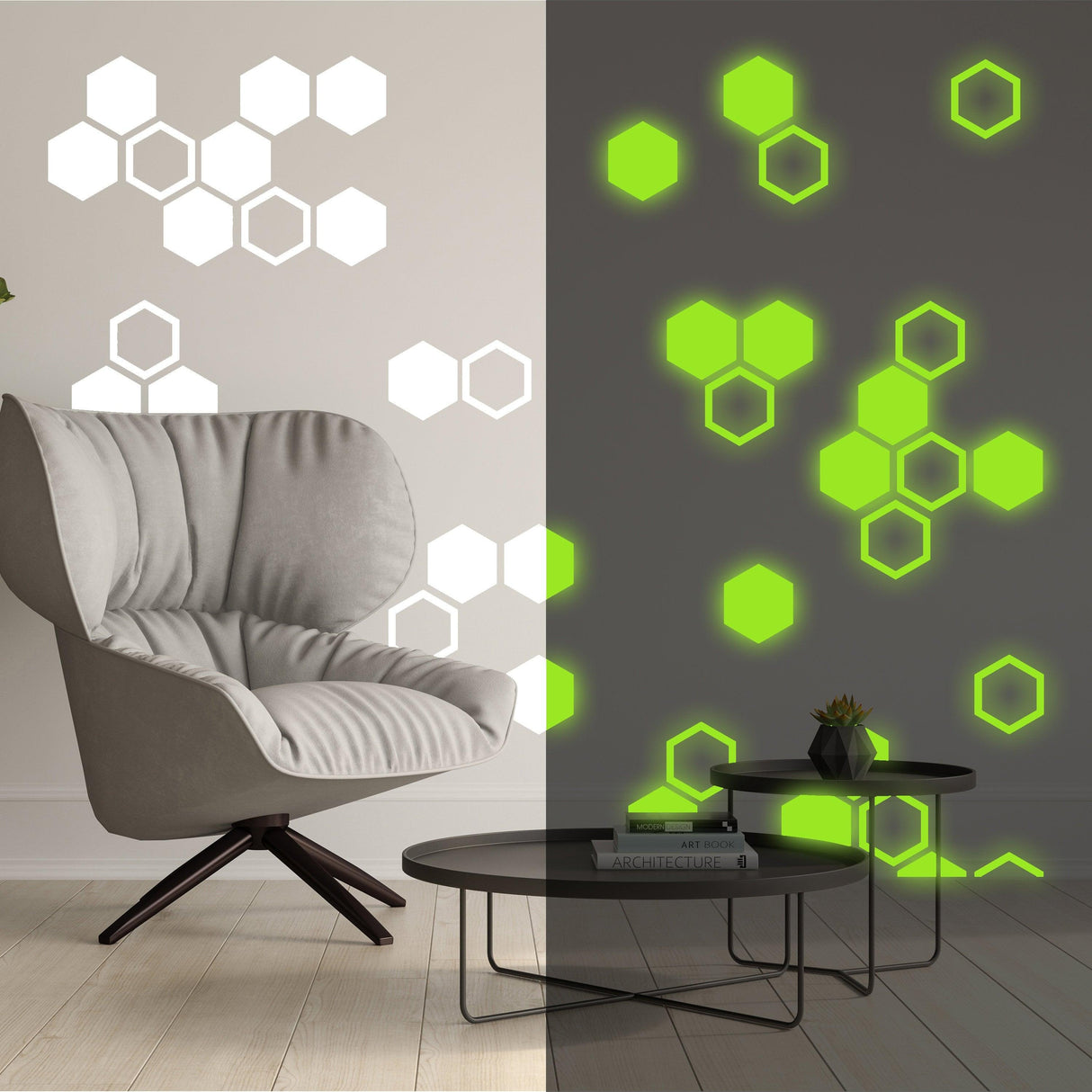 Glow in dark honeycomb wall decals in a modern living room, showcasing geometric hexagon designs.
