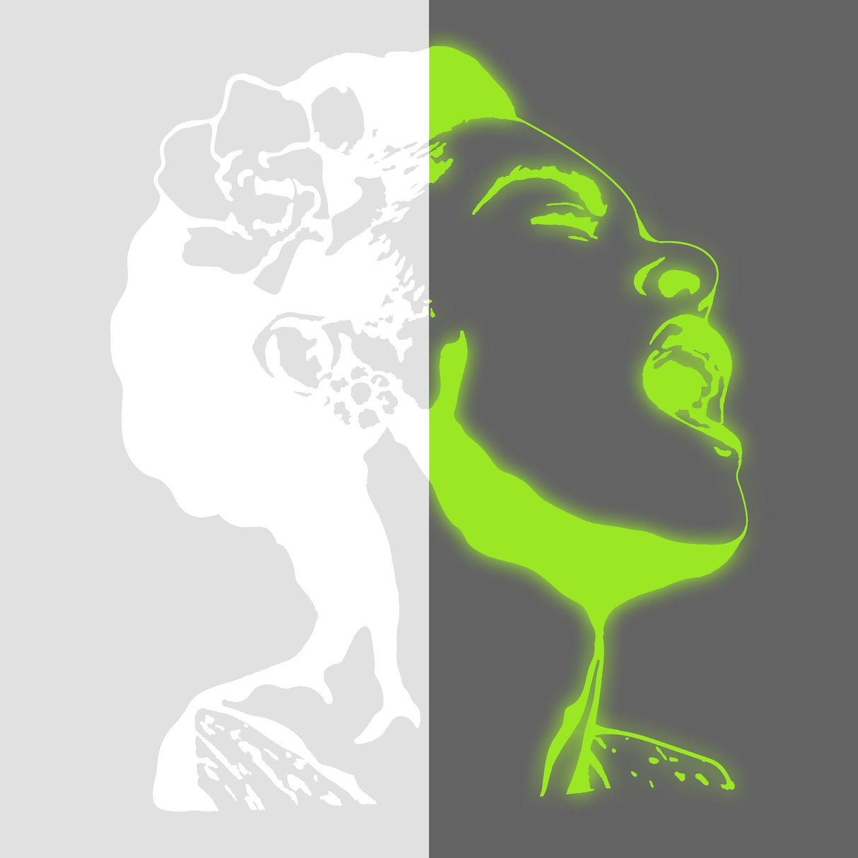 Glow in dark Banksy-inspired wall decal of a singing woman with neon accents.