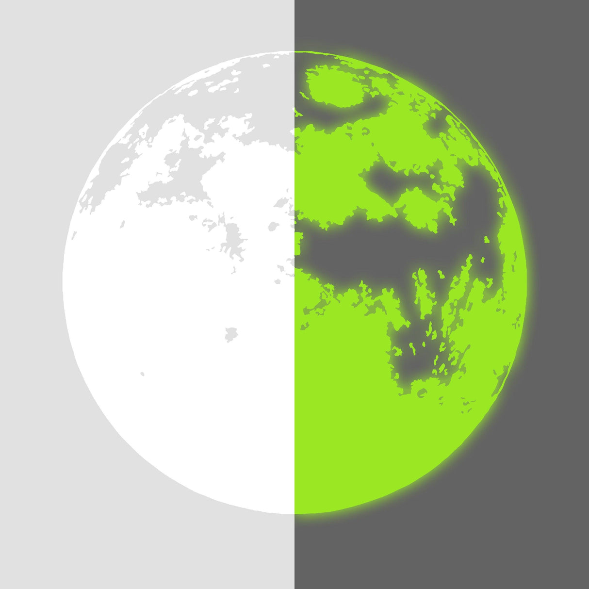 Glow in dark moon wall decor decal featuring a split design in white and neon green for nursery or kids' room.