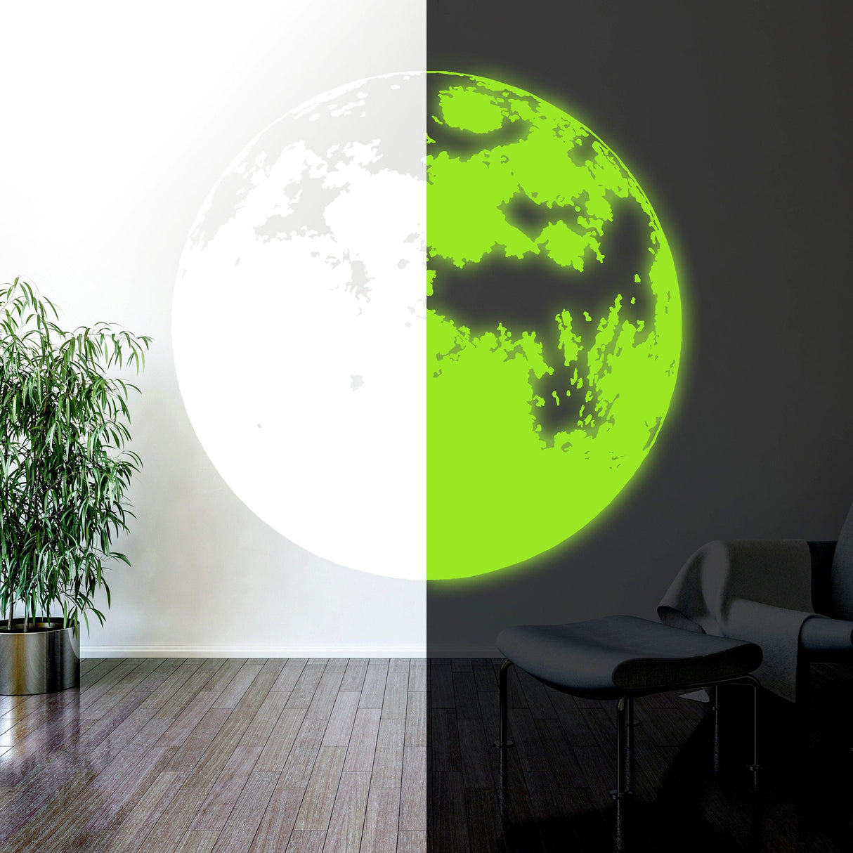 Glow in the dark moon wall decal illuminating a nursery, showcasing a magical night light effect.