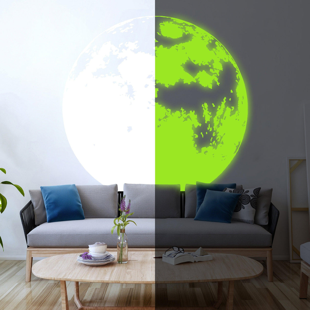 Glow in dark moon wall decal showcasing night light effect in a stylish living room decor.
