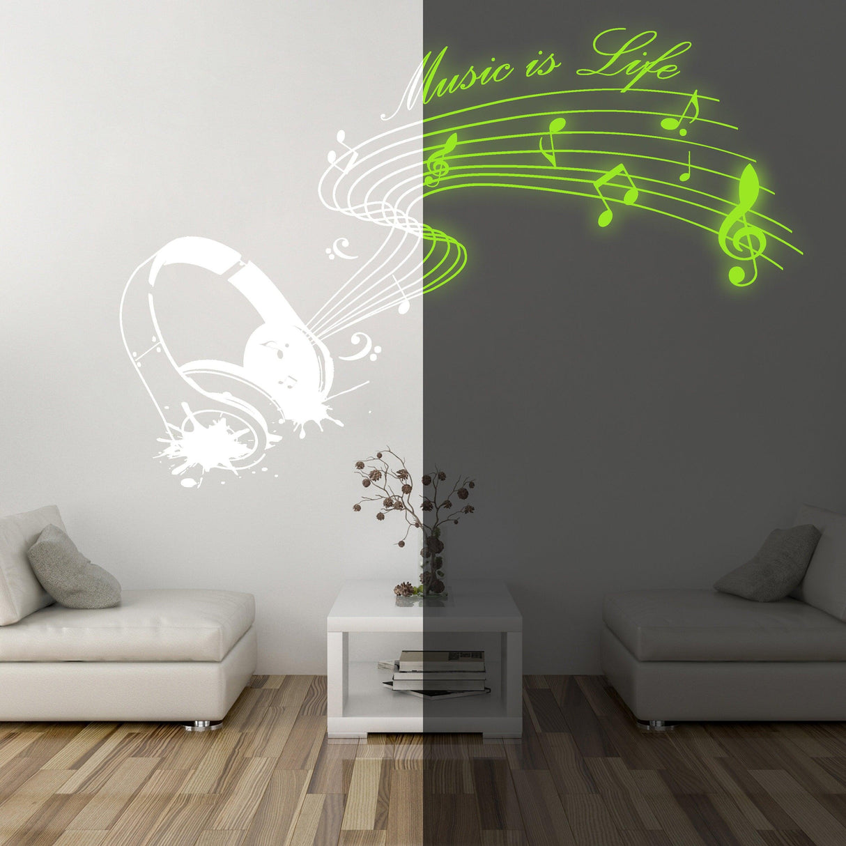 Glow in dark Music is Life wall sticker with musical notes and headphones illuminating a stylish living room.