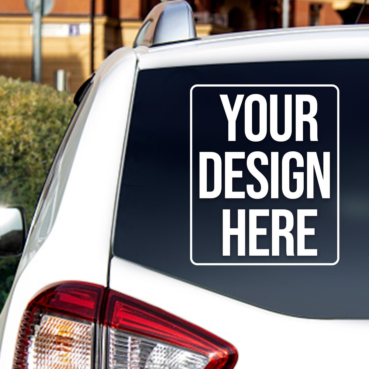 Custom car window decal showing a placeholder for personalized design on a vehicle's rear windshield.