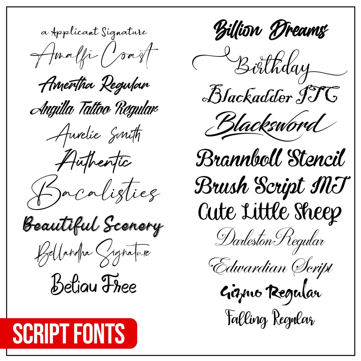 Collection of elegant script fonts for personalizing decals and designs including Amalfi Coast and Billion Dreams.