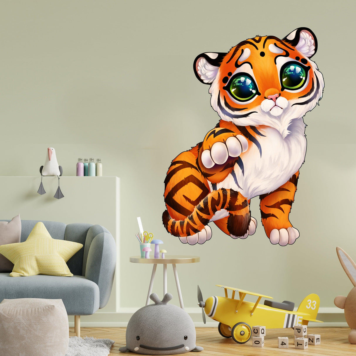 Cute tiger wall sticker in a child's room, perfect for toddler decor and adding a playful touch to the space.