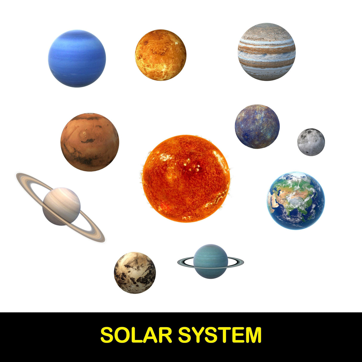 Collection of planets in the solar system with the sun, ideal for glow-in-the-dark wall decals.