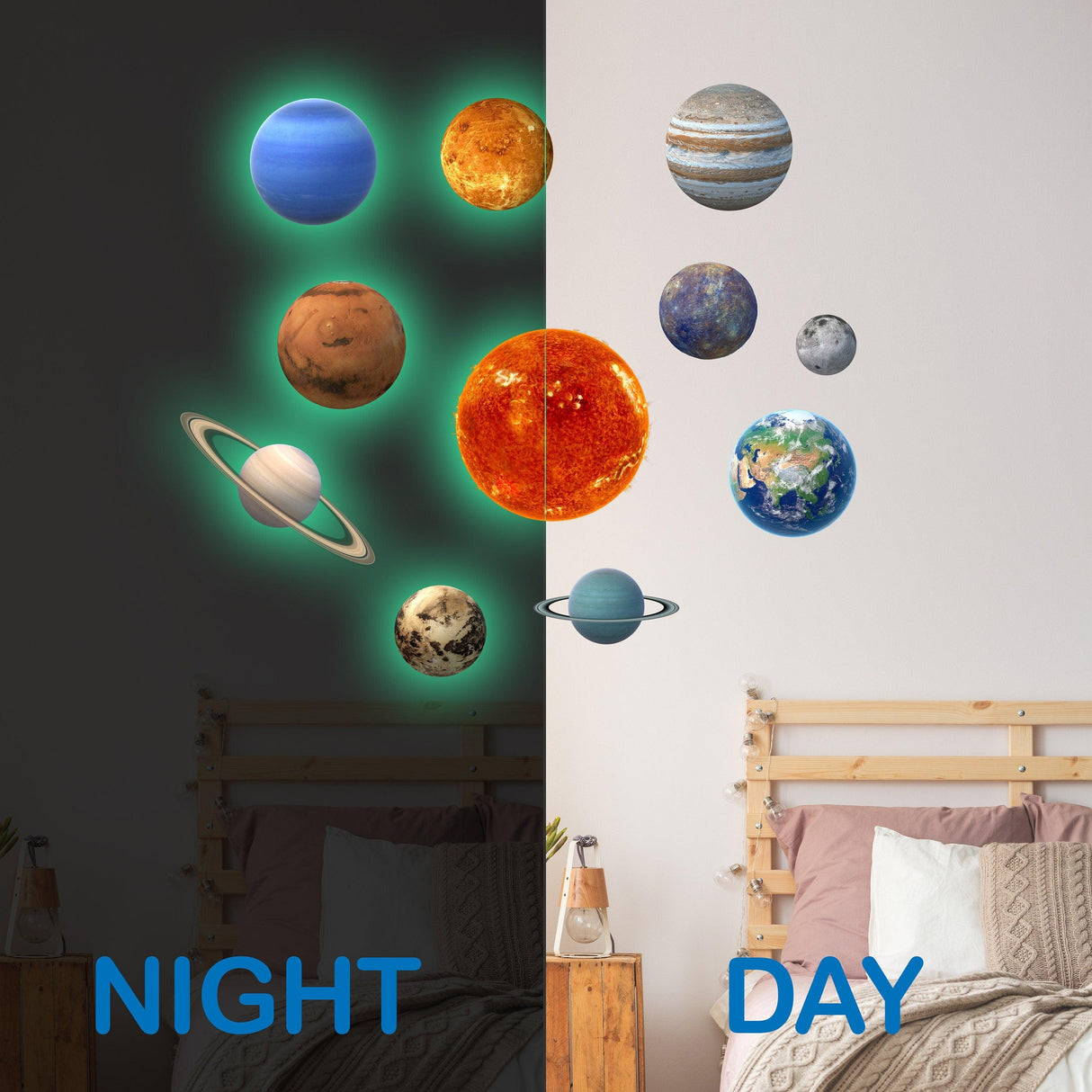 Glow in the dark planet wall decals showing solar system at night and day in a bedroom setting.
