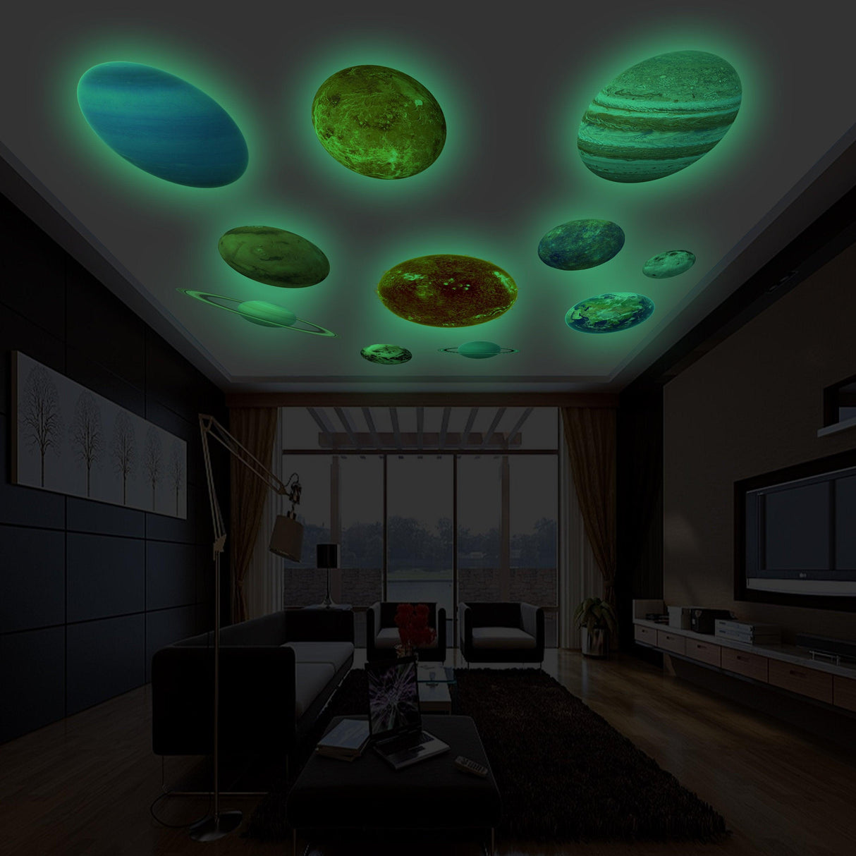 Glow in the dark planet wall decals featuring the solar system on a ceiling in a stylish living room.