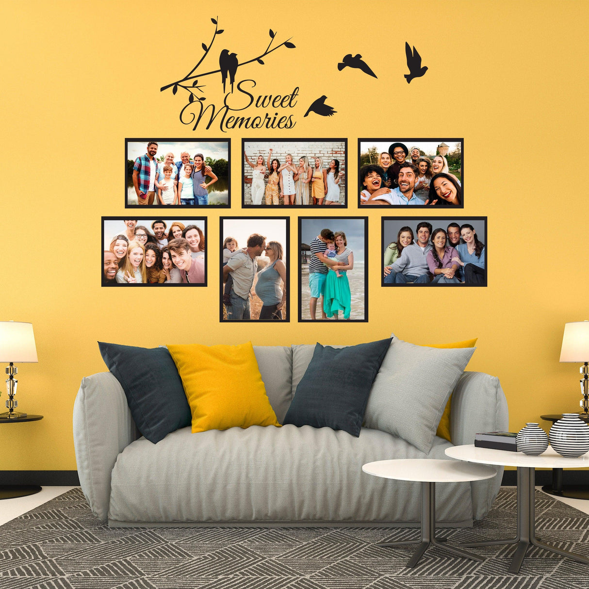 Living room with family photo wall decal 'Sweet Memories' above a couch, featuring framed pictures of joyful moments.