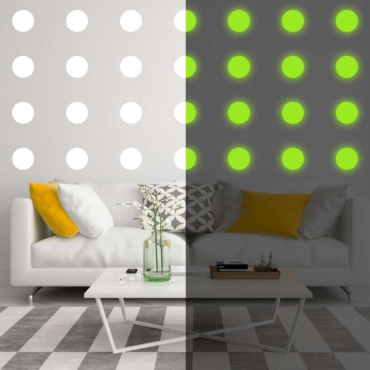 Split view of a living room showing 40 glow-in-the-dark wall stickers on one side, transforming from white to luminous green.
