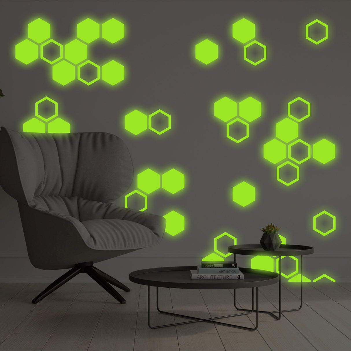 Glow in dark honeycomb wall decals creating a unique geometric decor in a modern living room with a stylish chair.