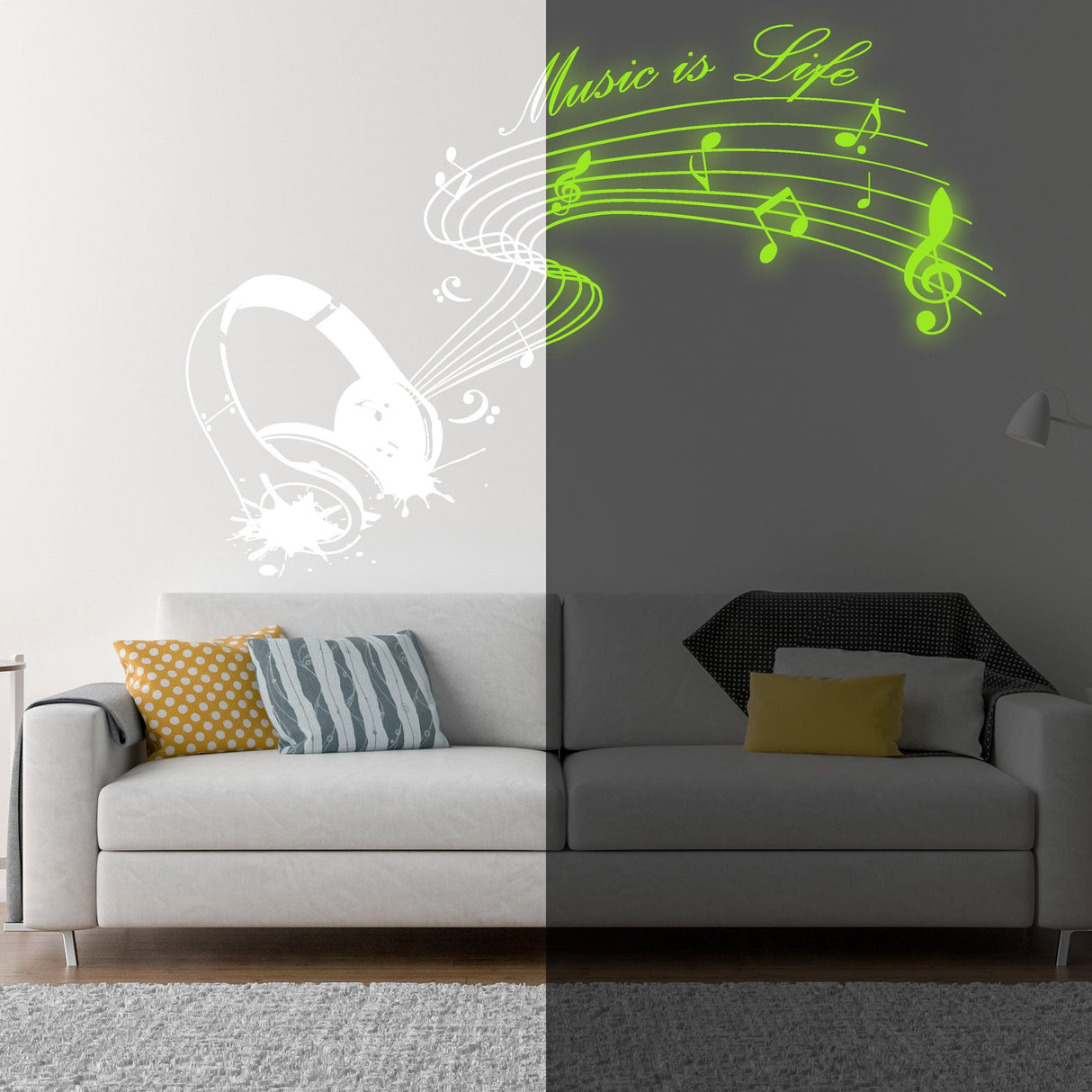 Glow in dark Music is Life wall sticker with musical notes above a modern couch in a stylish living room.