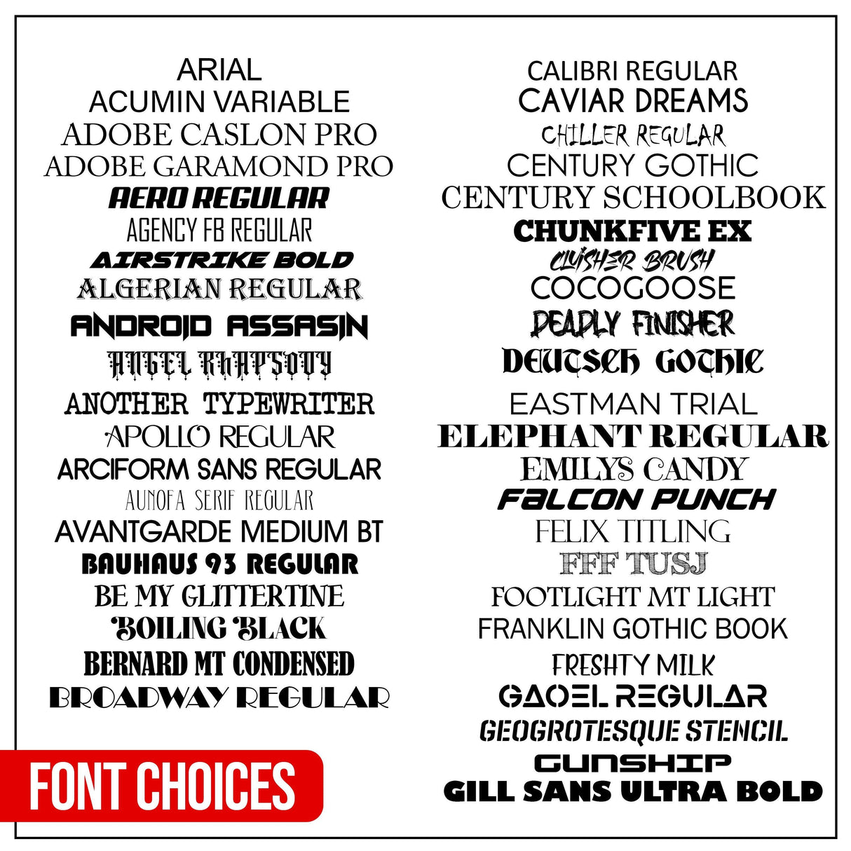 Various font choices for custom decals including Arial, Calibri, and Gill Sans Ultra Bold displayed on a grid.