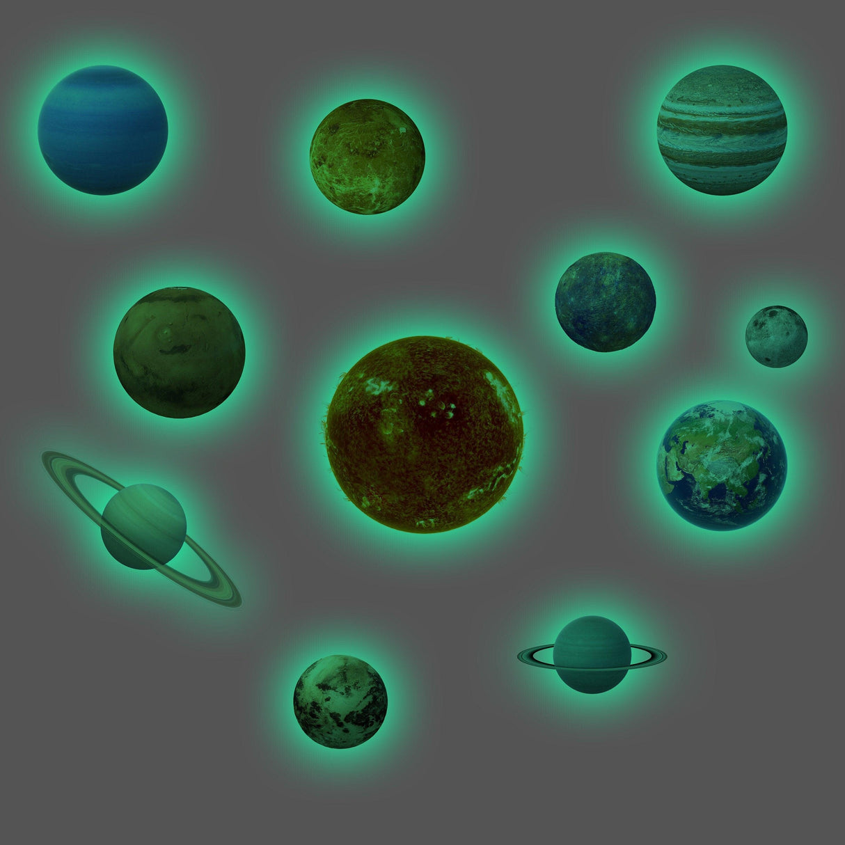 Glow in the dark planet wall decals featuring the solar system's planets, vibrant and glowing in dark settings.