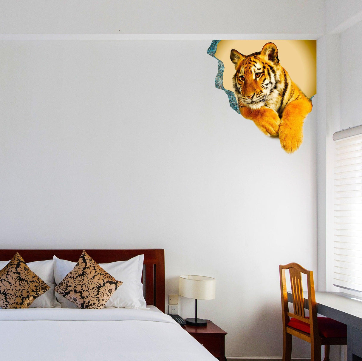 3D tiger wall decal in a bedroom, enhancing decor with a lifelike tiger porthole design.