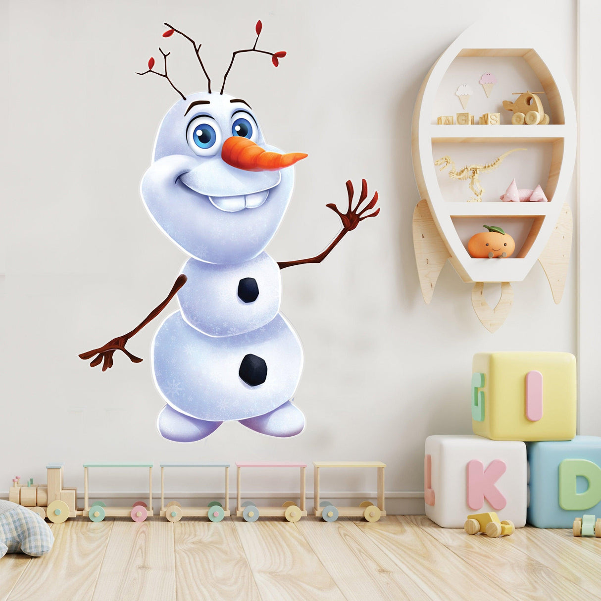 Cute snowman wall sticker decor with a smiling face and carrot nose, perfect for holiday home decoration.