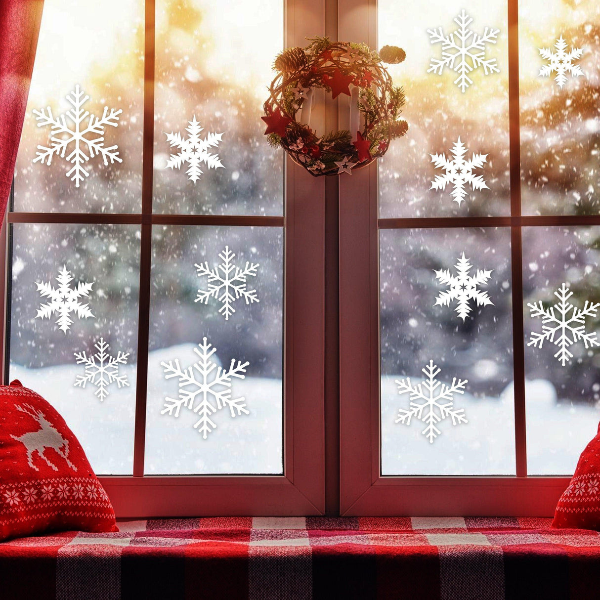 100x snowflake window stickers decoration on holiday windows with a cozy winter scene.