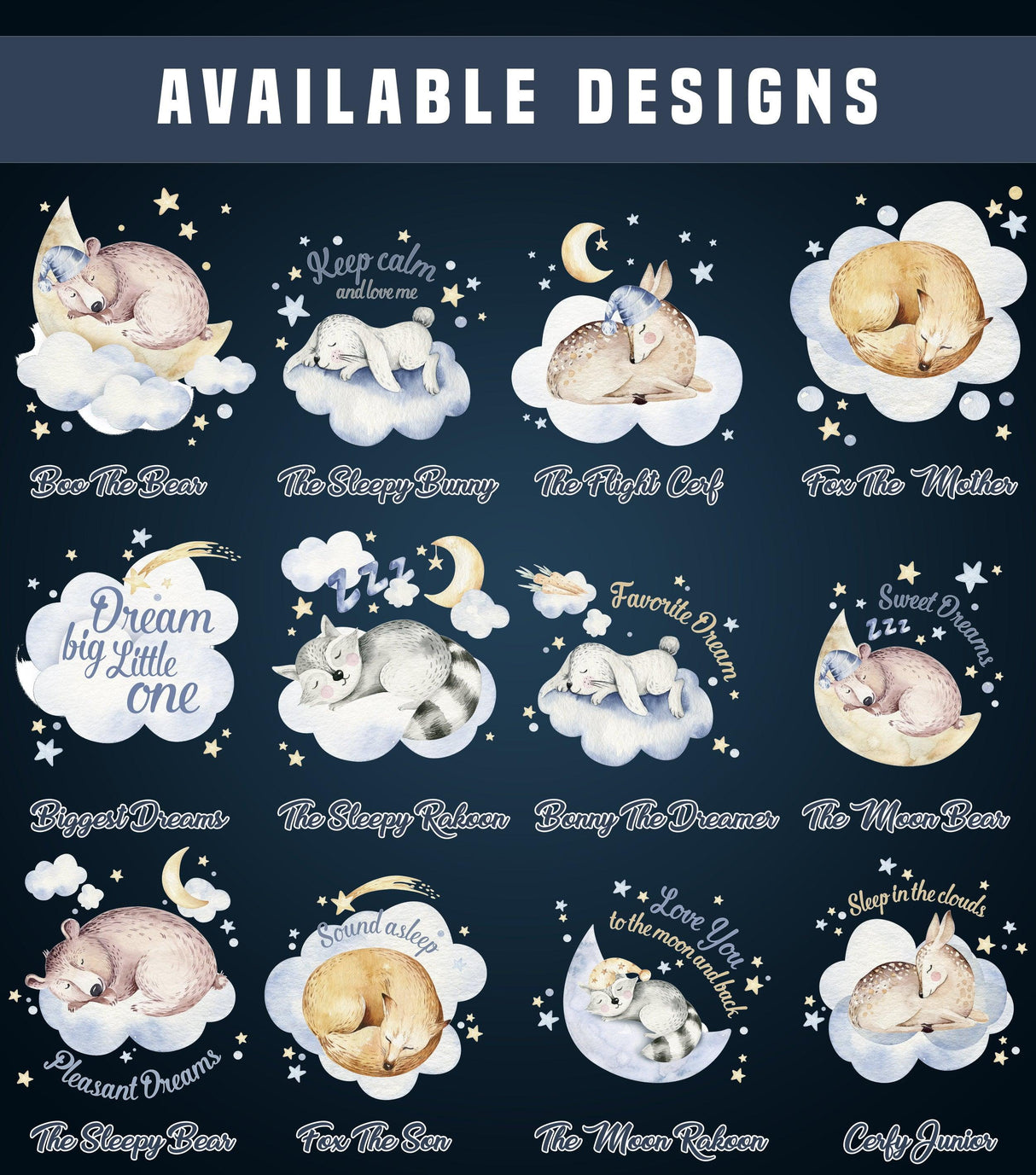 Collection of adorable sleeping animal nursery wall stickers featuring clouds and sweet dreams themes.