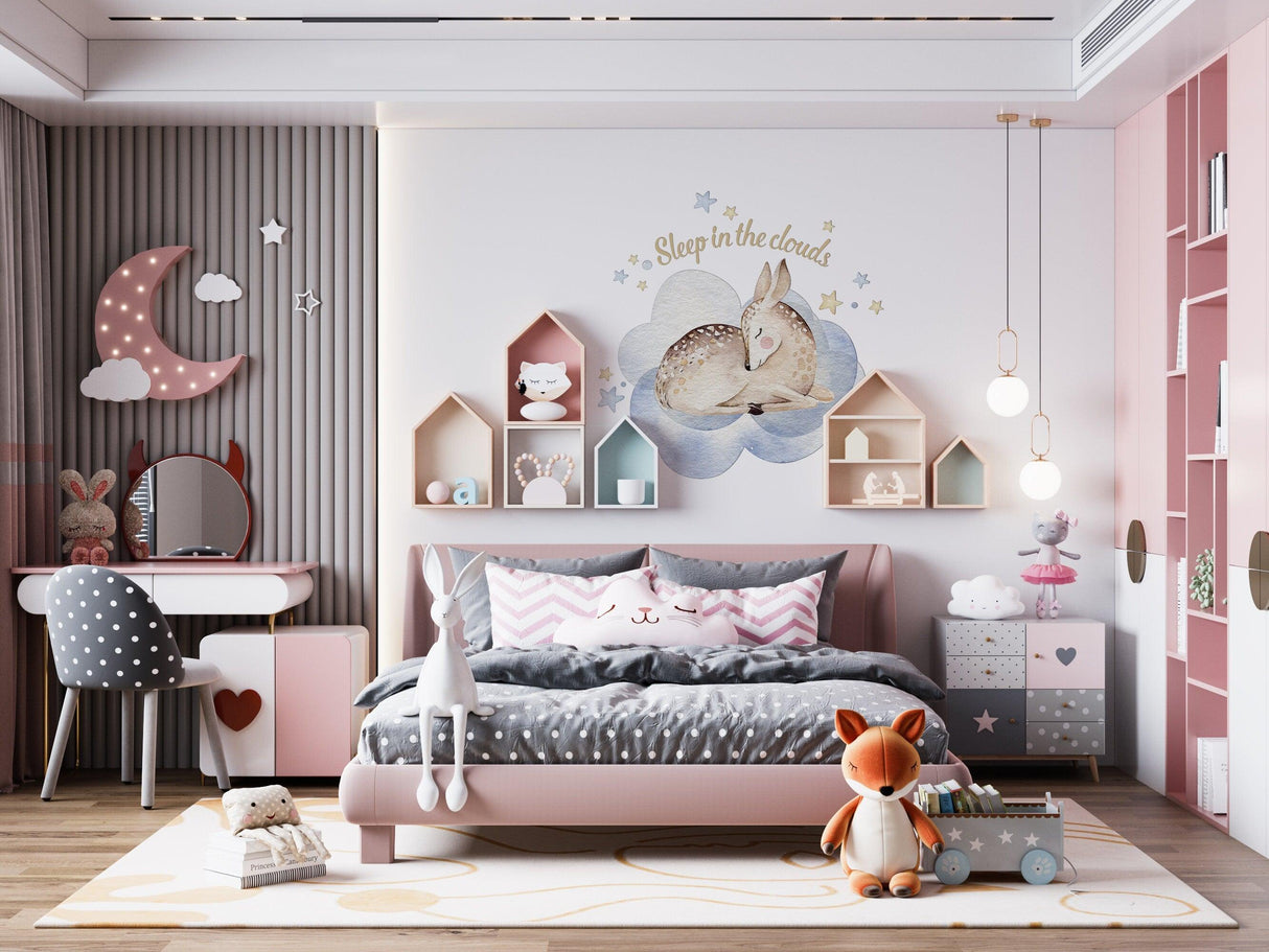 Cozy baby nursery featuring wall decor sticker with clouds, moon, stars, and cute animals, perfect for a whimsical room.