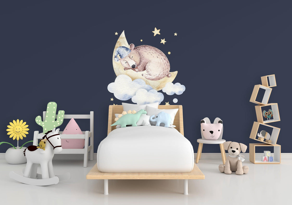 Whimsical baby nursery wall decor sticker with animals and clouds, creating a playful atmosphere for kids' rooms.