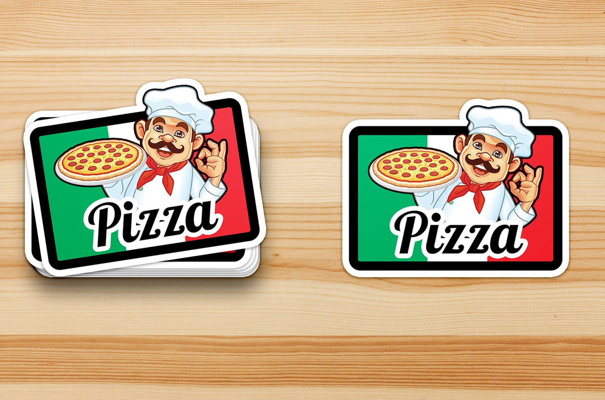 Collection of colorful pizza vinyl stickers featuring a cheerful chef and pizza graphics.