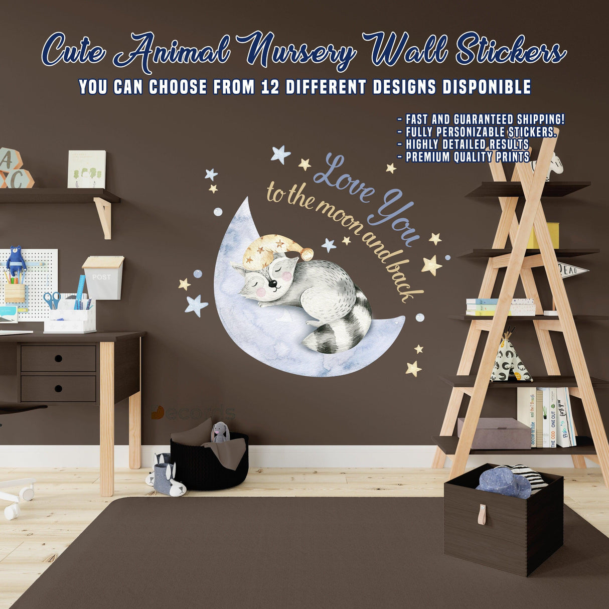Cute animal nursery wall stickers featuring a moon, stars, and a playful design ideal for children’s rooms.