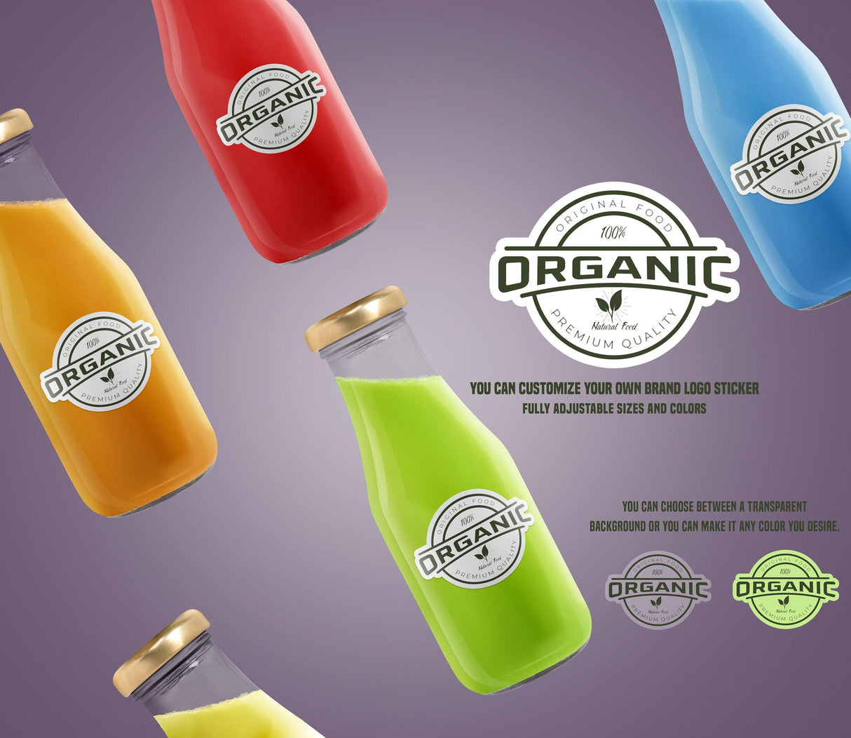 Customized organic logo stickers on colorful drink bottles with adjustable sizes and colors