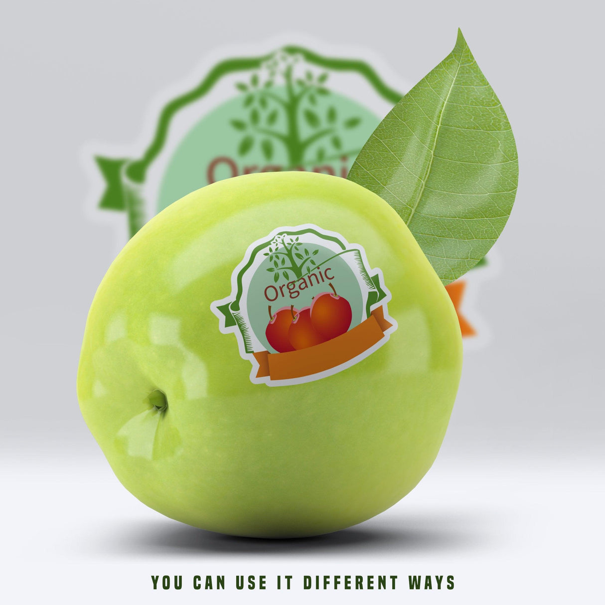 Green apple with an organic label, showcasing versatility for various uses.