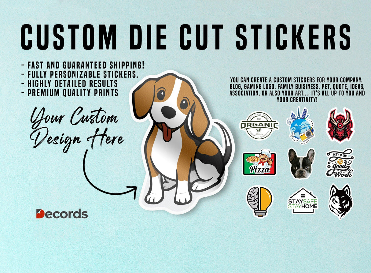 Custom die cut stickers featuring a cute dog illustration and various logo designs for personalization.