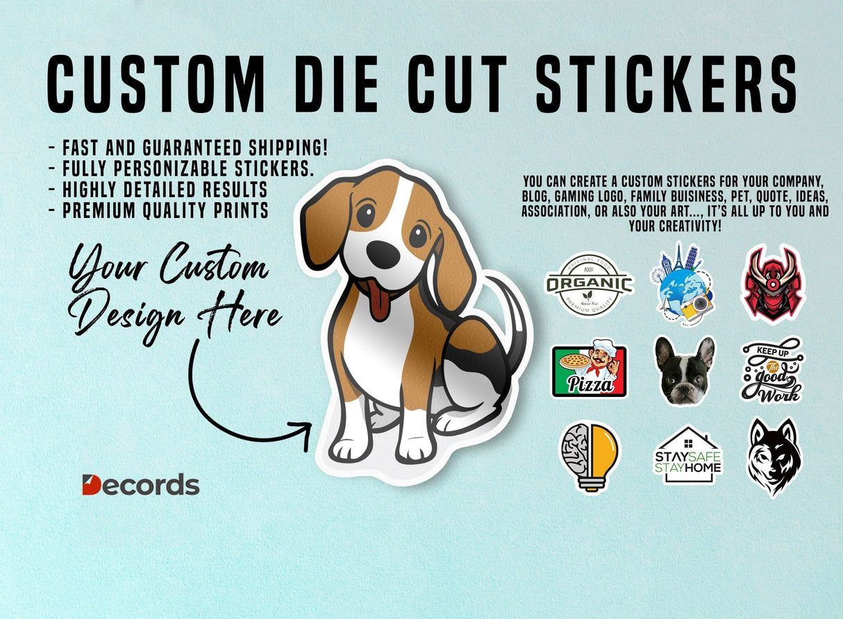Custom die-cut stickers with a playful dog design, showcasing personalization options and premium quality printing.