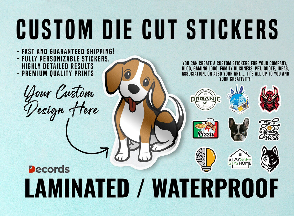 Custom die cut stickers showcasing a detailed beagle design and various personalized sticker options.