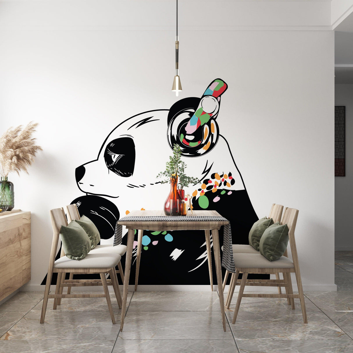 Stylish panda wall sticker with headphones in a modern dining area, adding playful charm to the space.