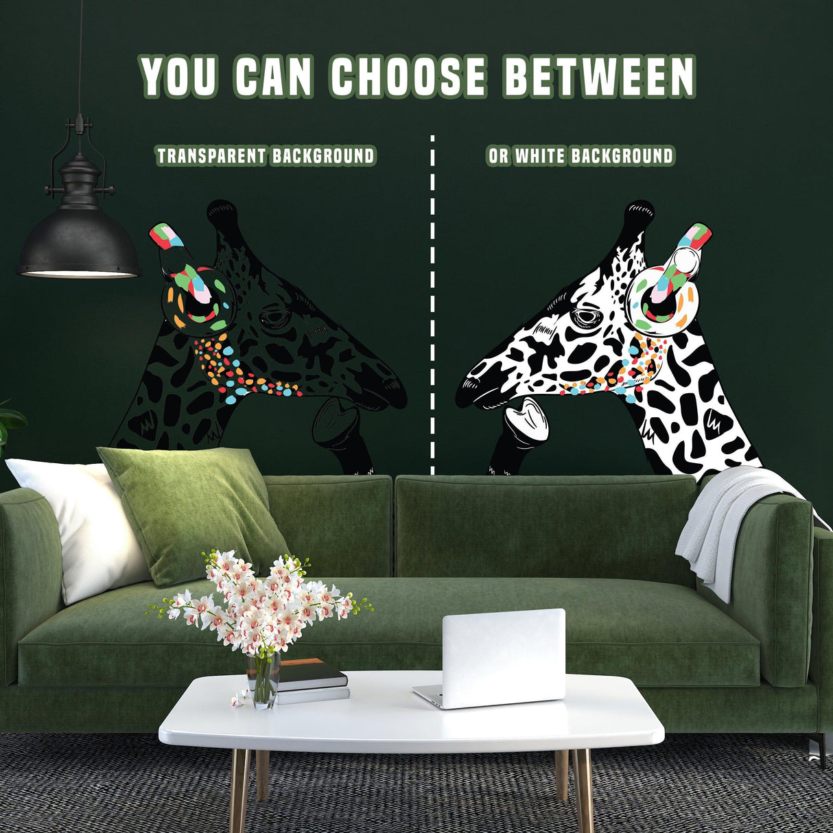 Thinking giraffe wall decals with options for transparent or white background in a stylish living room setting.