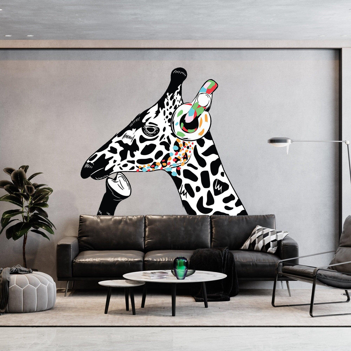 Unique giraffe wall art sticker featuring a giraffe with headphones, adding creativity to modern living room decor.