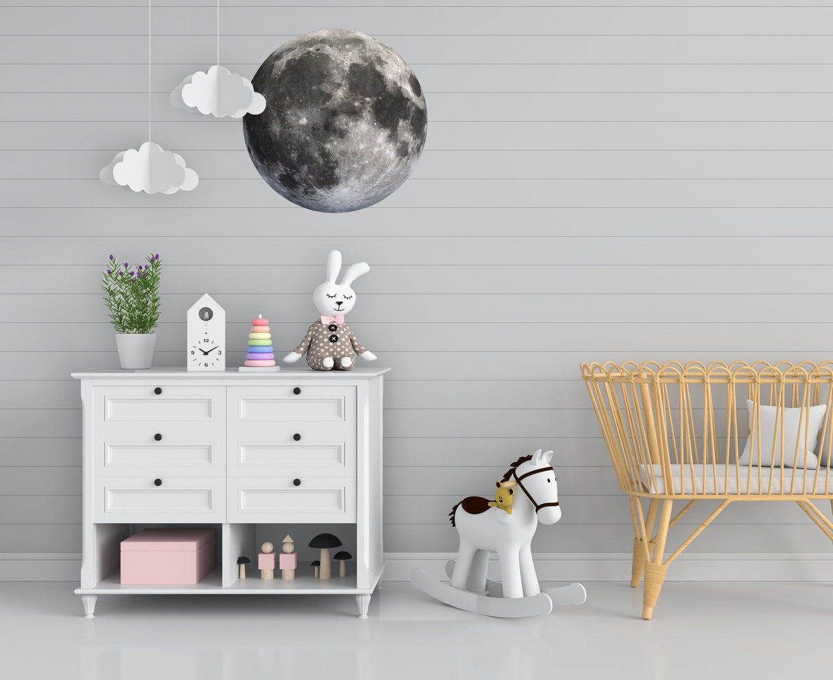 Full Moon Wall Sticker in a stylish children's room with toys and decor, creating a whimsical atmosphere.