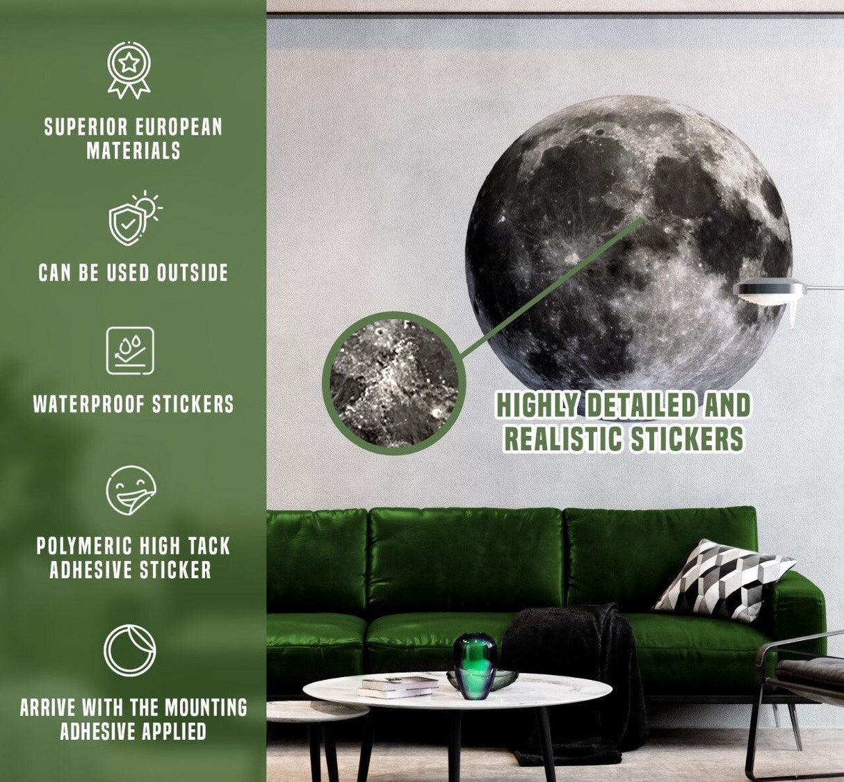 Full Moon Wall Sticker features highly detailed and realistic design, suitable for indoor and outdoor use.