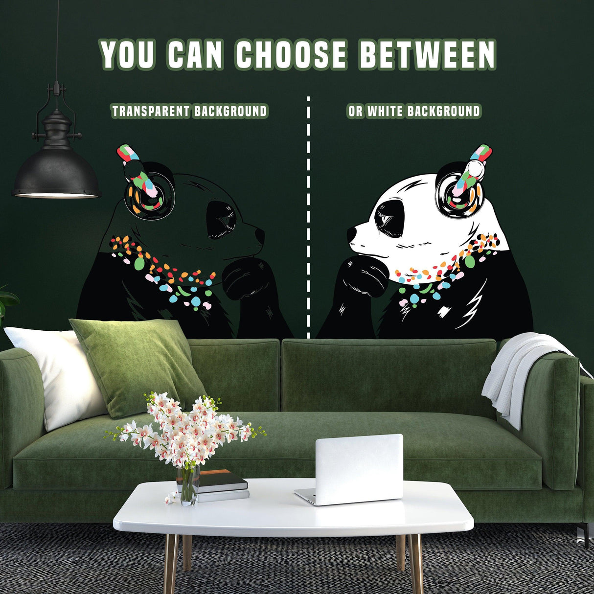 Panda wall art sticker options showing transparent and white background designs on a dark green wall above a sofa.