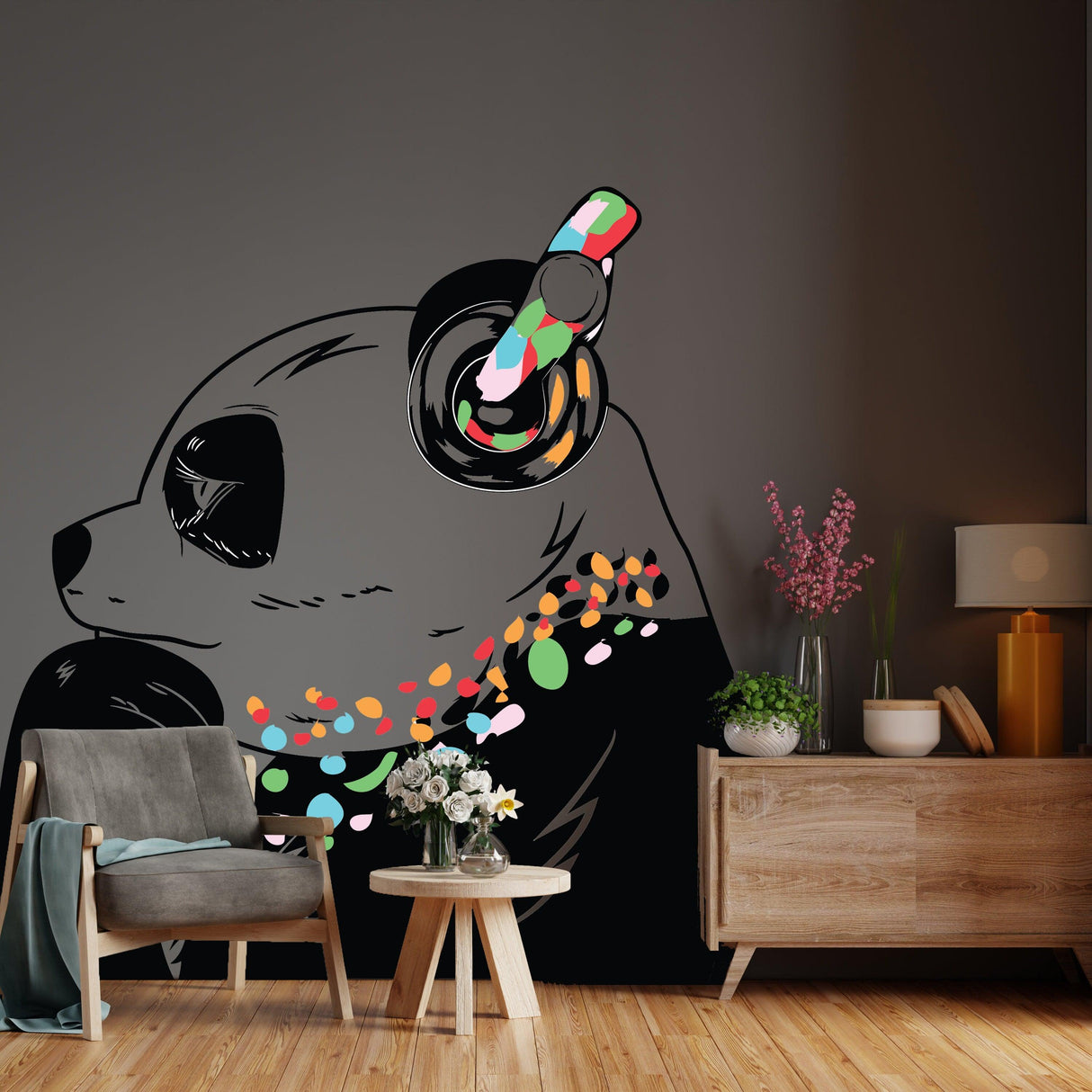 Colorful panda wall sticker with headphones, adding a playful vibe to modern home decor.