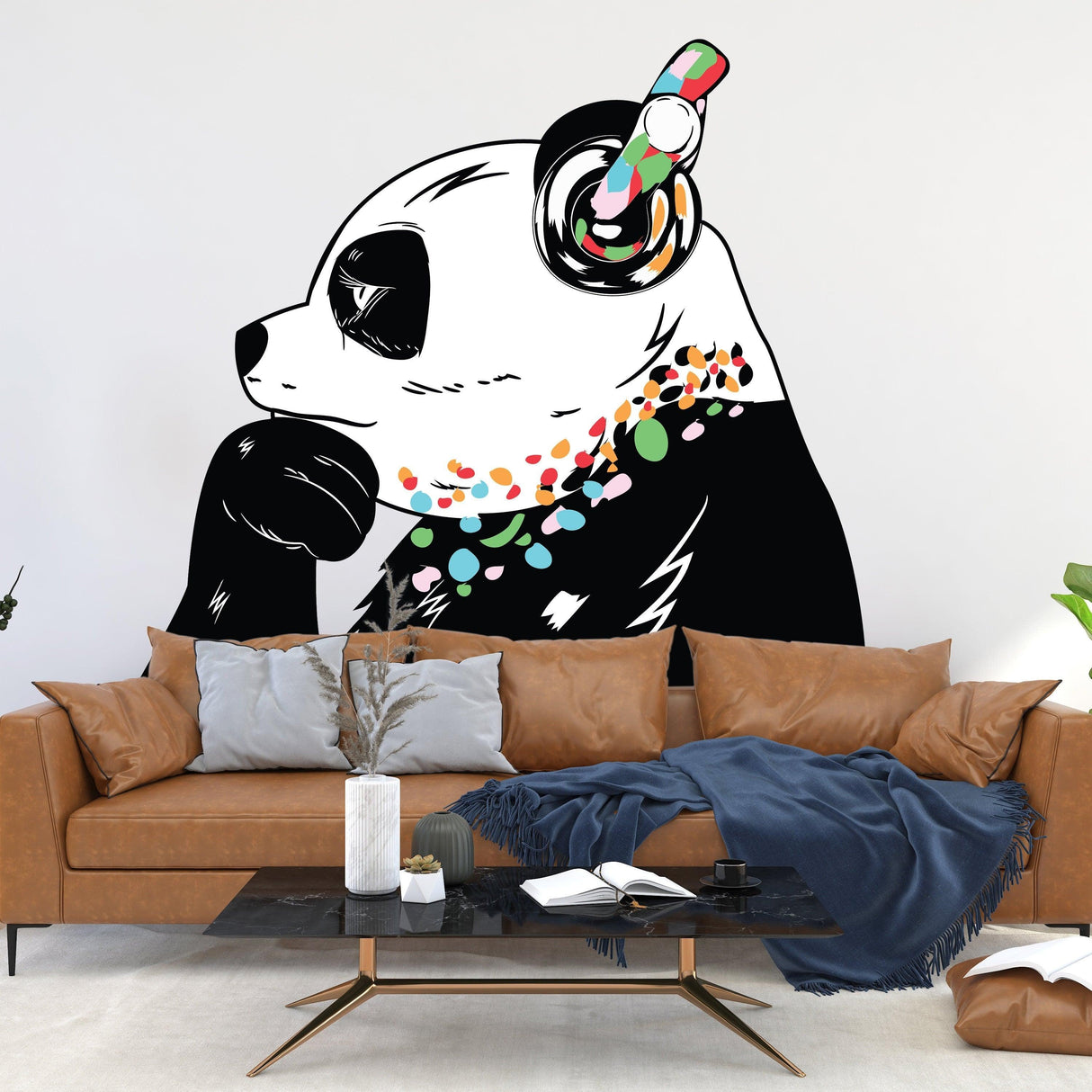 Panda wall sticker featuring a panda with headphones and colorful decor in a modern living room setting.