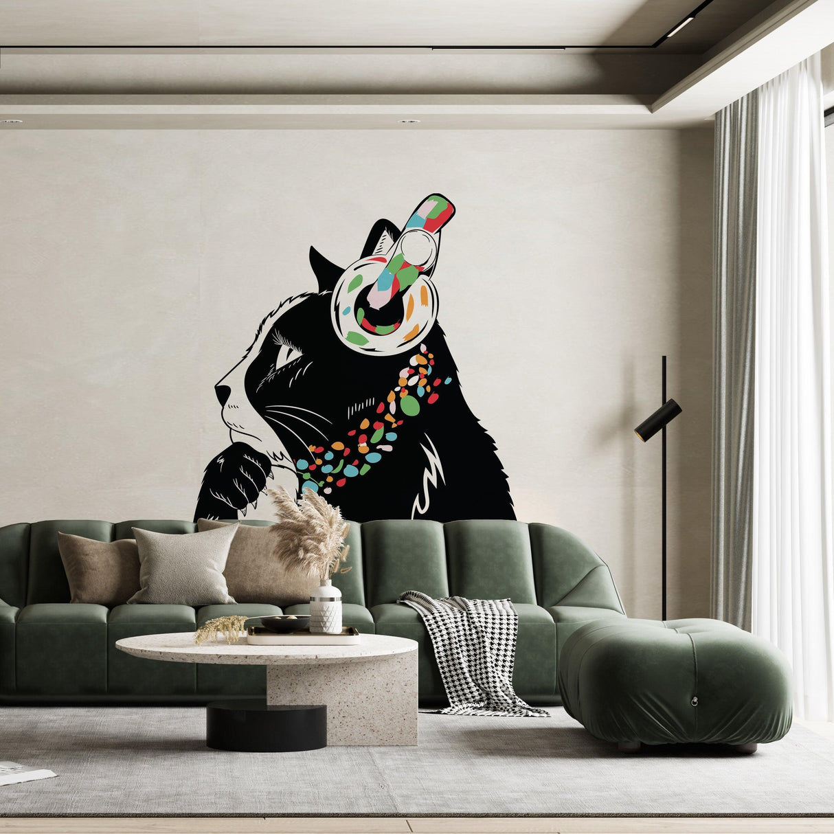 Thinking Cat Sticker decal featuring a cat with headphones, inspired by Banksy art, in a modern living room setting.