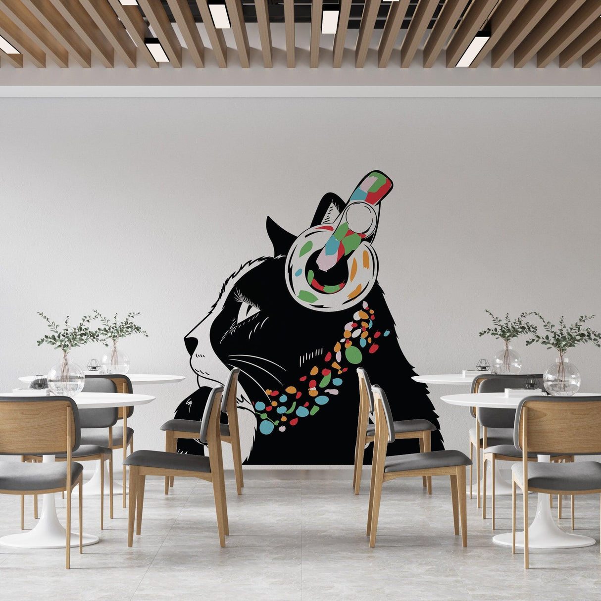 Thinking Cat Sticker features a cat with headphones, adding creativity to modern decor in a stylish dining area.