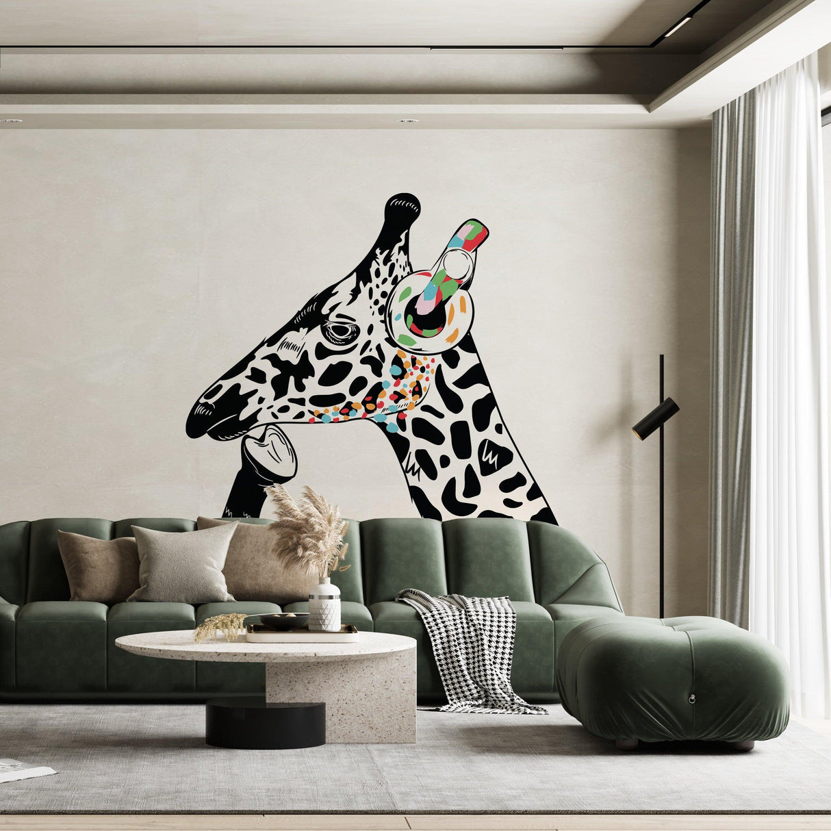 Giraffe wearing headphones wall decal in a stylish living room over a green sofa and modern decor.